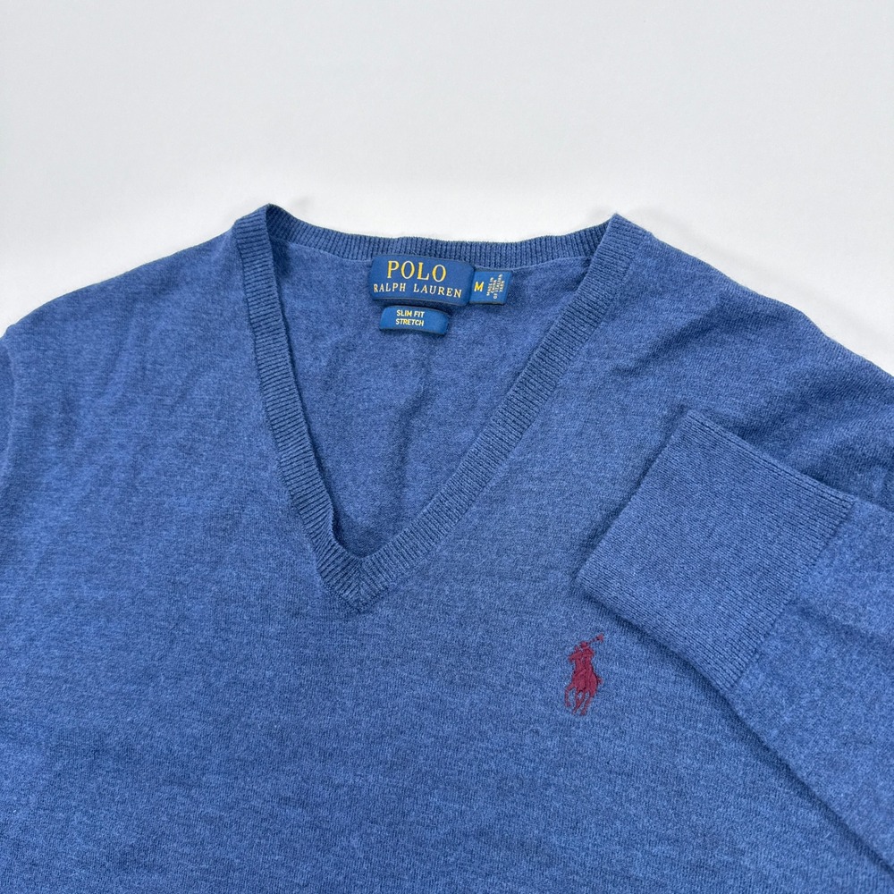 Polo Ralph Lauren Mens Sweater M Blue V Neck Slim Fit Stretch Wool Blend Preppy